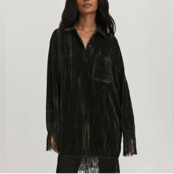 Something Navy Dresses & Skirts - Something Navy Phoebe Long Sleeve Shirt Fringe Dress - Crushed Emerald Velvet